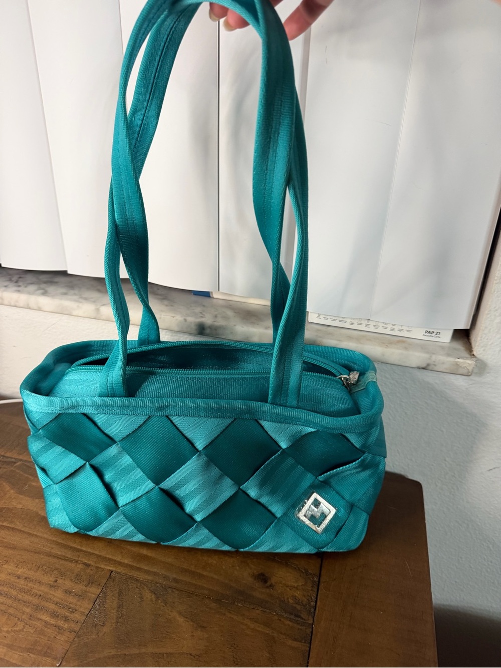 Maggie Bags Teal Zip-Top Handbag Silver Hardware Lined Pockets Bottom Studs